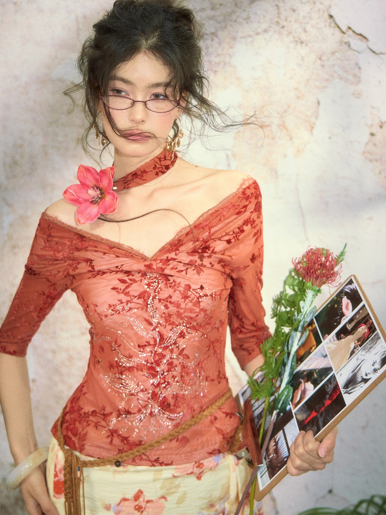 OfAkiva Red Rhinestone Lace Flocked Print Women&