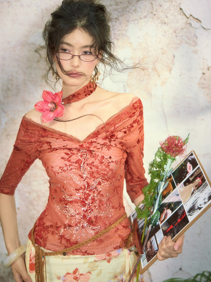 OfAkiva Red Rhinestone Lace Flocked Print Women&