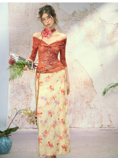 OfAkiva Red Rhinestone Lace Flocked Print Women&