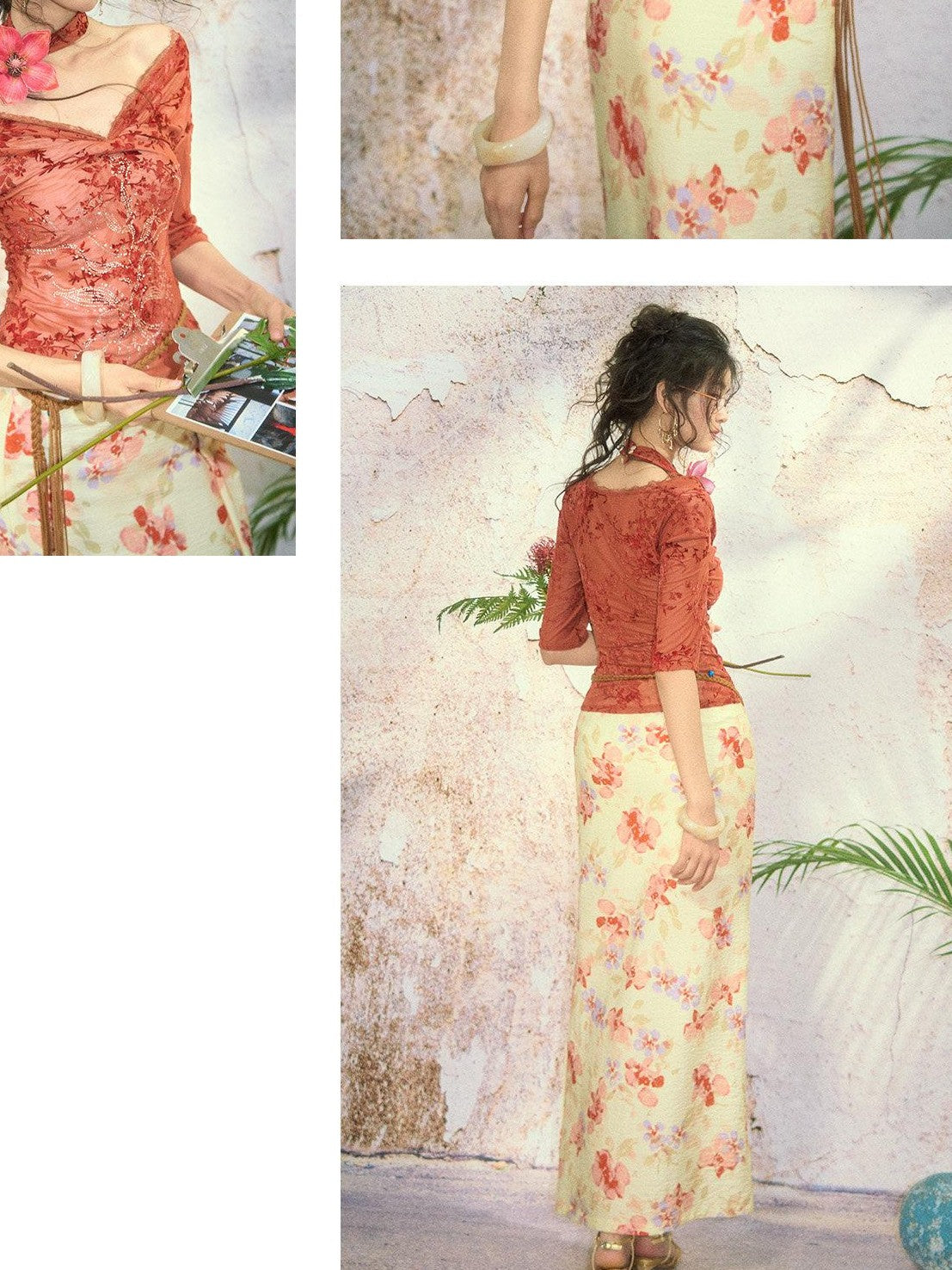 OfAkiva Red Rhinestone Lace Flocked Print Women&