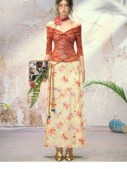 OfAkiva Red Rhinestone Lace Flocked Print Women&
