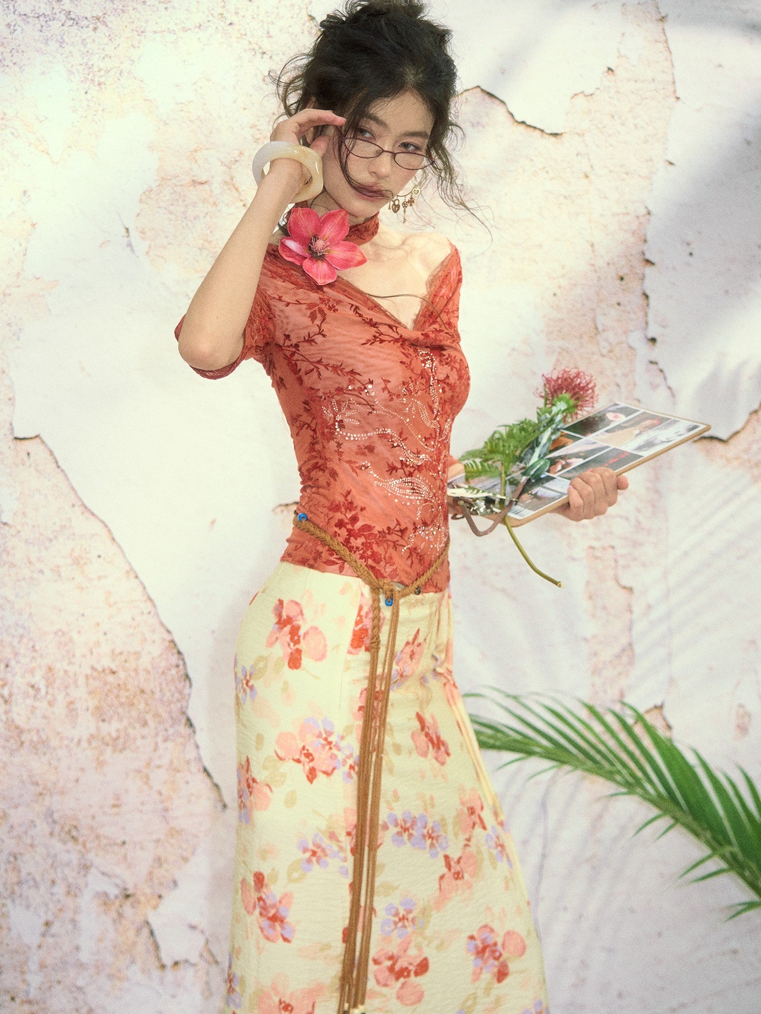 OfAkiva Red Rhinestone Lace Flocked Print Women&