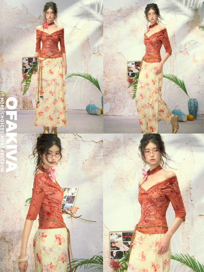 OfAkiva Red Rhinestone Lace Flocked Print Women&