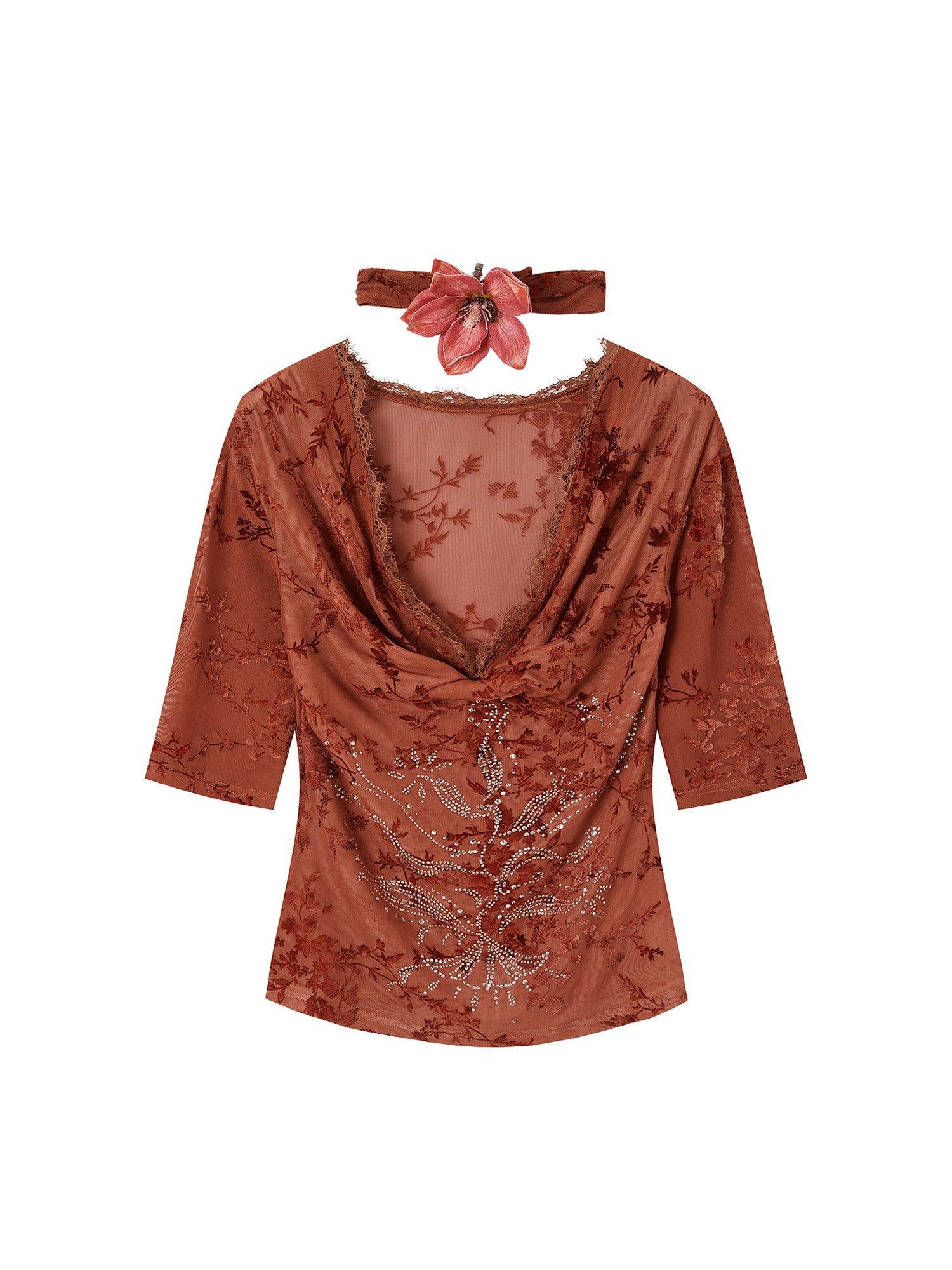 OfAkiva Red Rhinestone Lace Flocked Print Women&