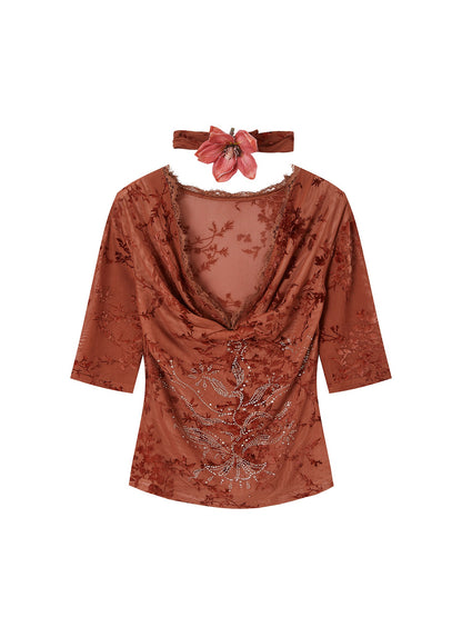OfAkiva Red Rhinestone Lace Flocked Print Women&