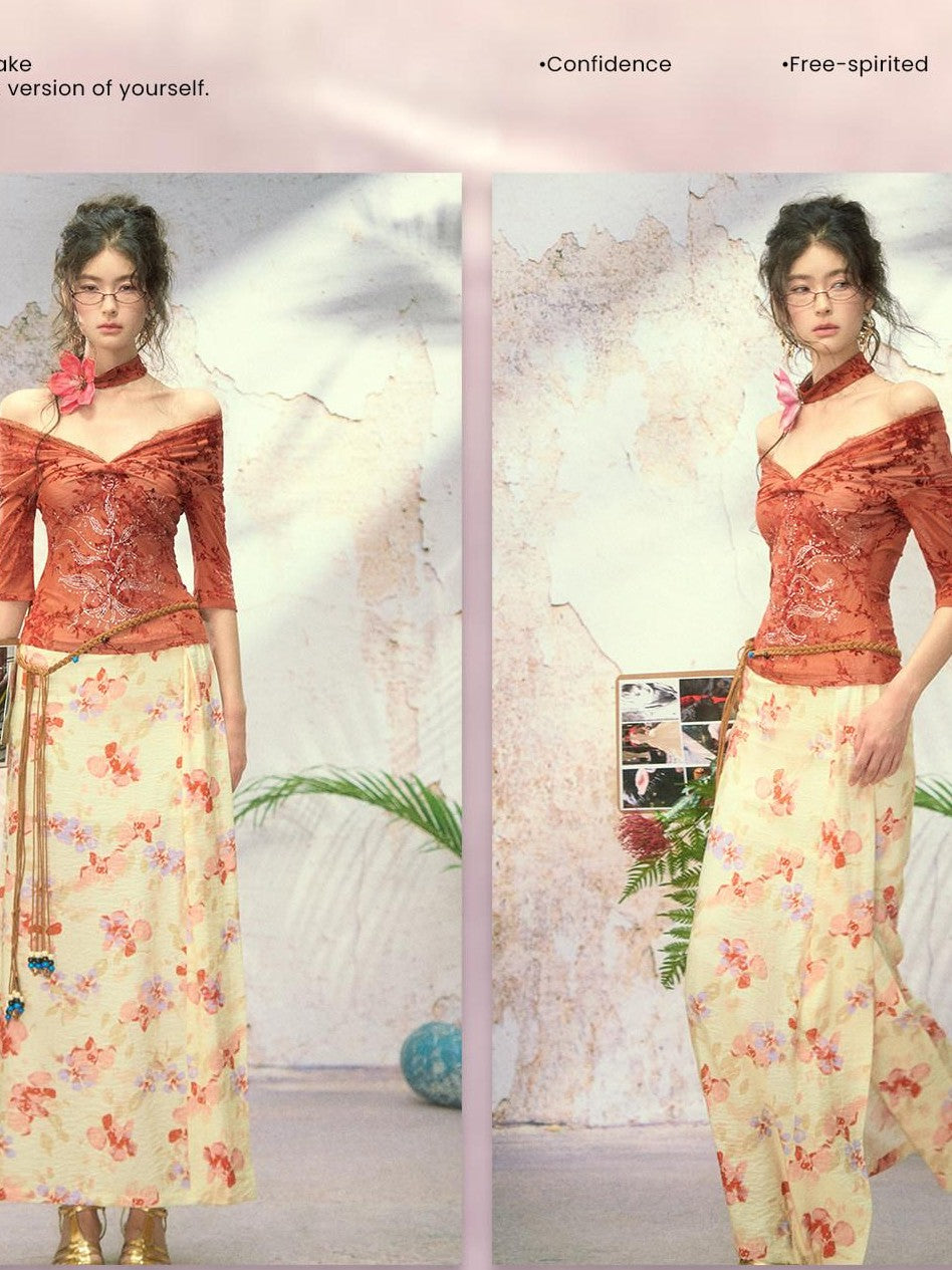 OfAkiva Red Rhinestone Lace Flocked Print Women&