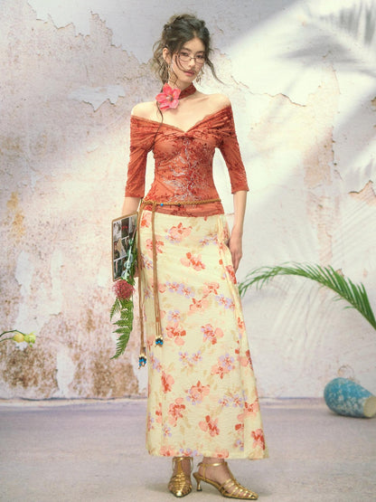 OfAkiva Red Rhinestone Lace Flocked Print Women&