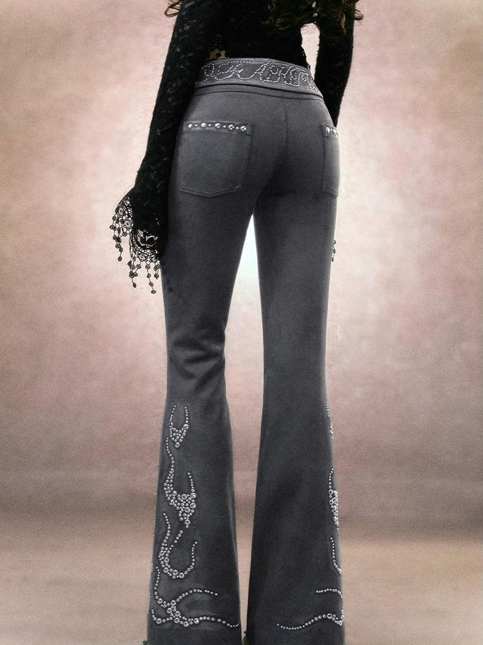 OfAkiva Rhinestone Embroidered Vintage Low Waist Slim Flare Casual Women Pants