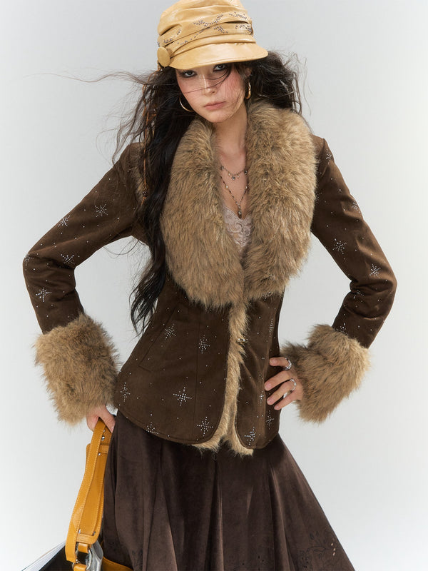 Rhinestone Faux Suede Faux Fur Collar Women's Faux Leather Leather Jackets