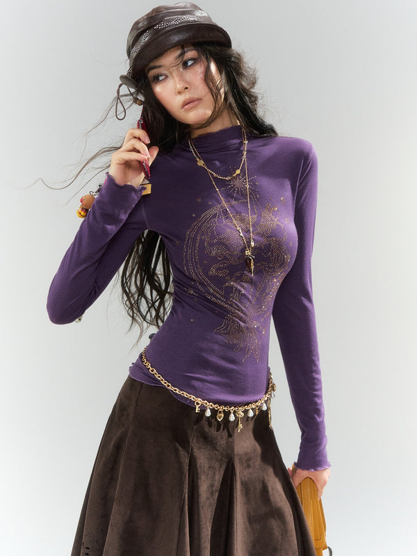 Rhinestone Vintage Ruffled Trim Slim Fit Women's Wool Knit Turtleneck Sweaters