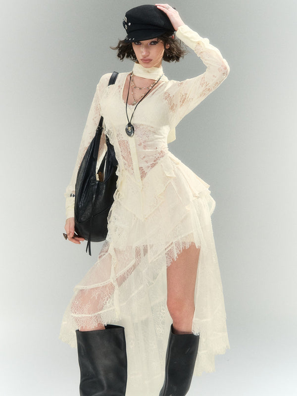 Romantic Flowy Lace Spliced Shirt A Line Women's Polyester Mesh Maxi Dresses