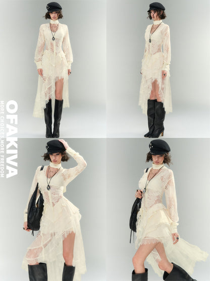 OfAkiva Romantic Flowy Lace Spliced Shirt A Line Women&