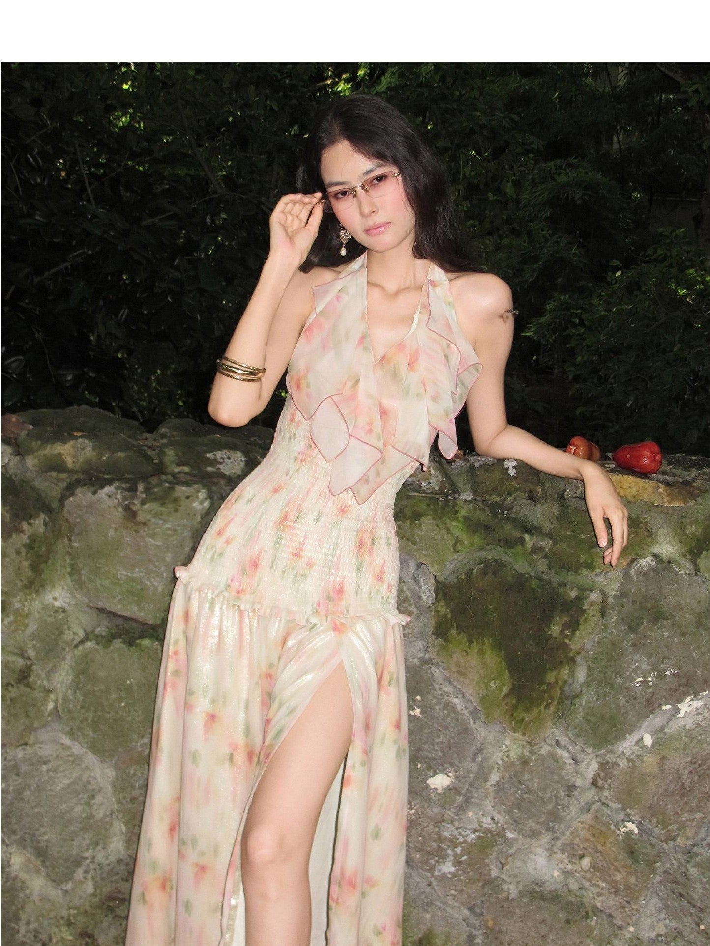 OfAkiva Ruffle Collar Ruched Slit Floral Print Women&