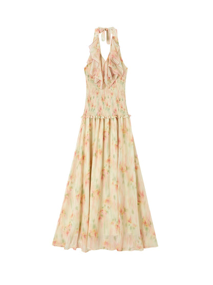 OfAkiva Ruffle Collar Ruched Slit Floral Print Women&