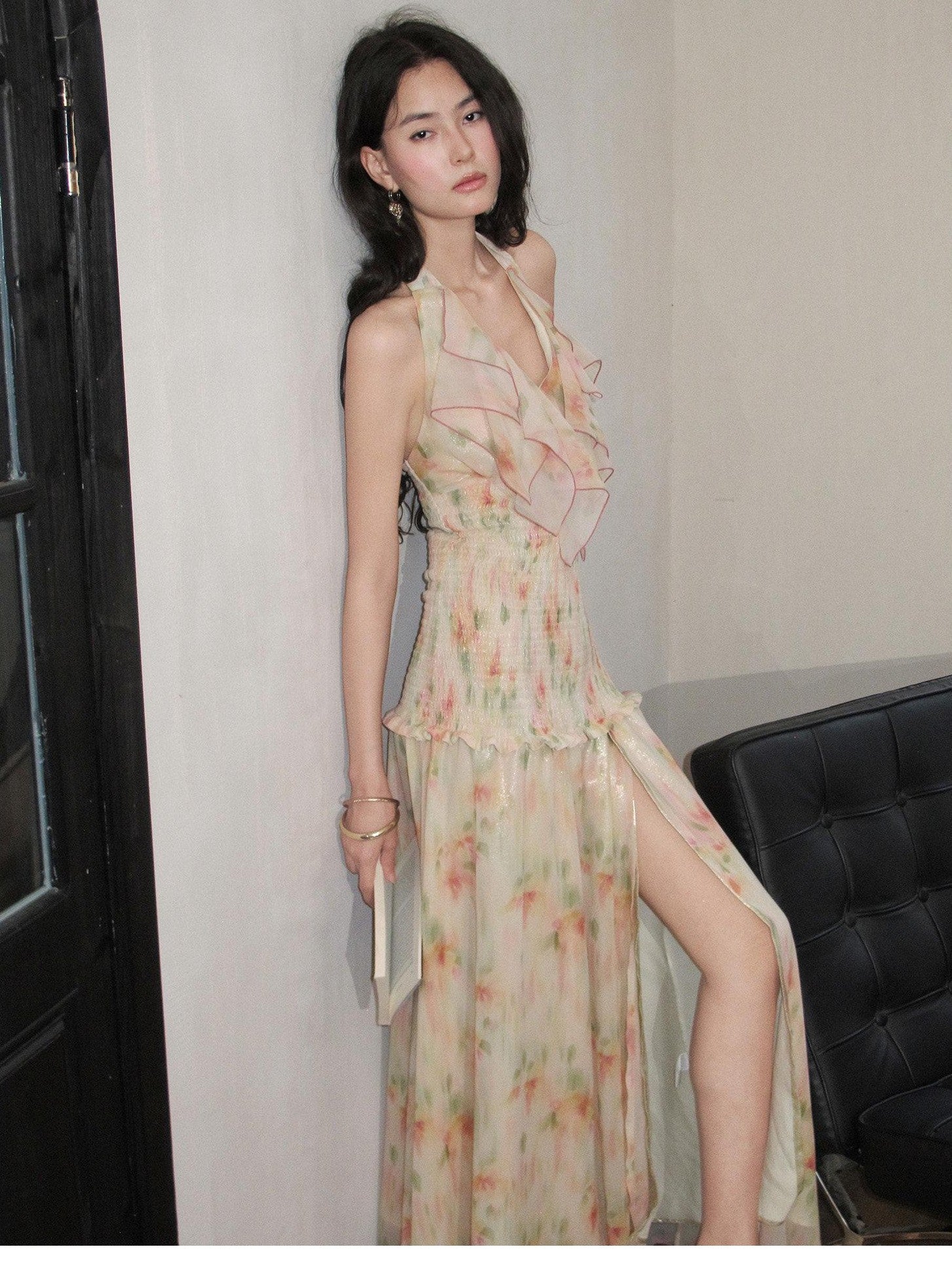 OfAkiva Ruffle Collar Ruched Slit Floral Print Women&