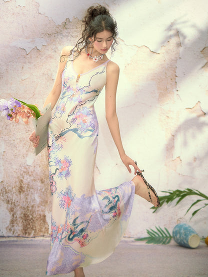 OfAkiva Satin Shan Hai Jing Print Fishtail Women&