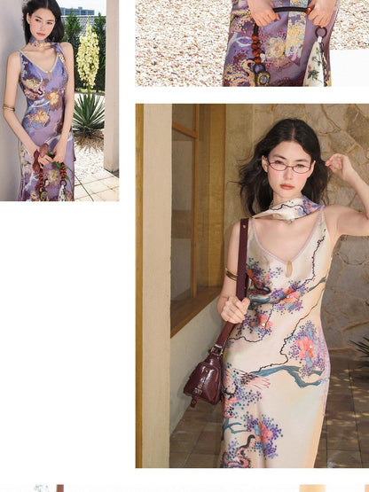 OfAkiva Satin Shan Hai Jing Print Fishtail Women&