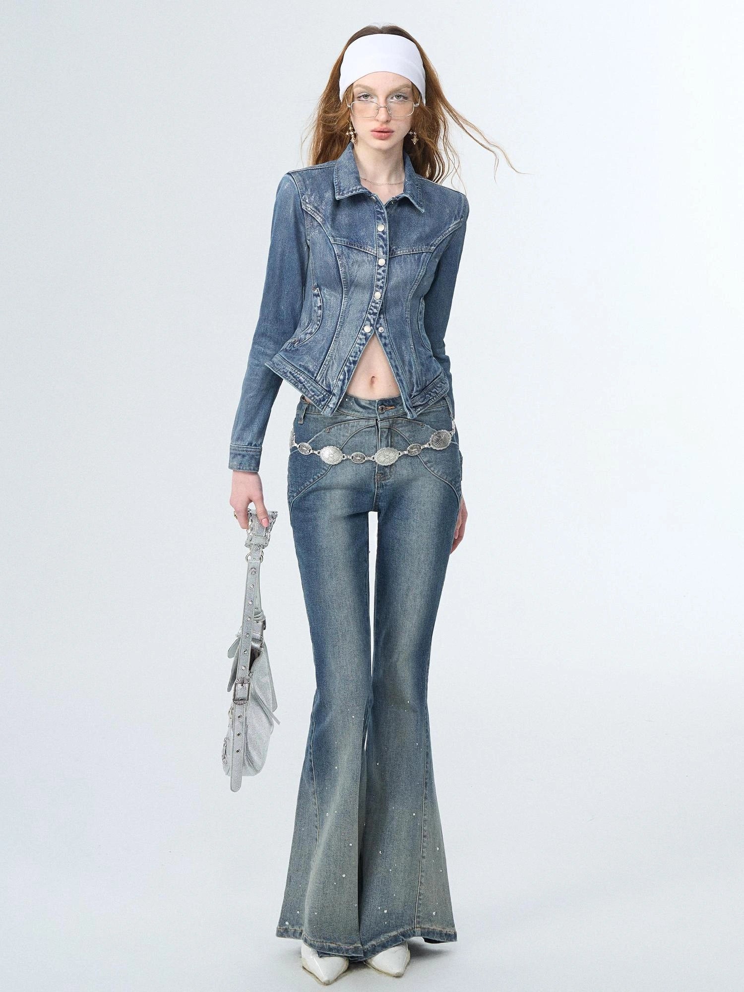 OfAkiva Sculptural Bustier Denim Shirt With Silver Studs