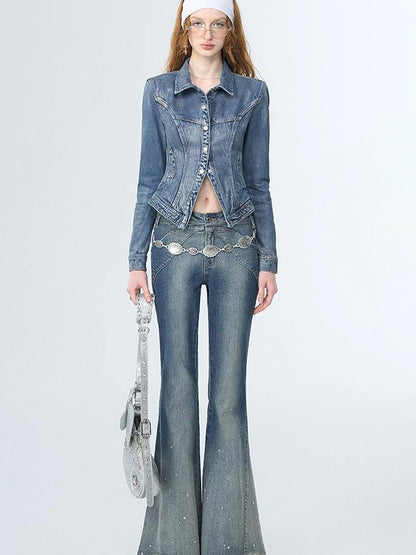 OfAkiva Sculptural Bustier Denim Shirt With Silver Studs
