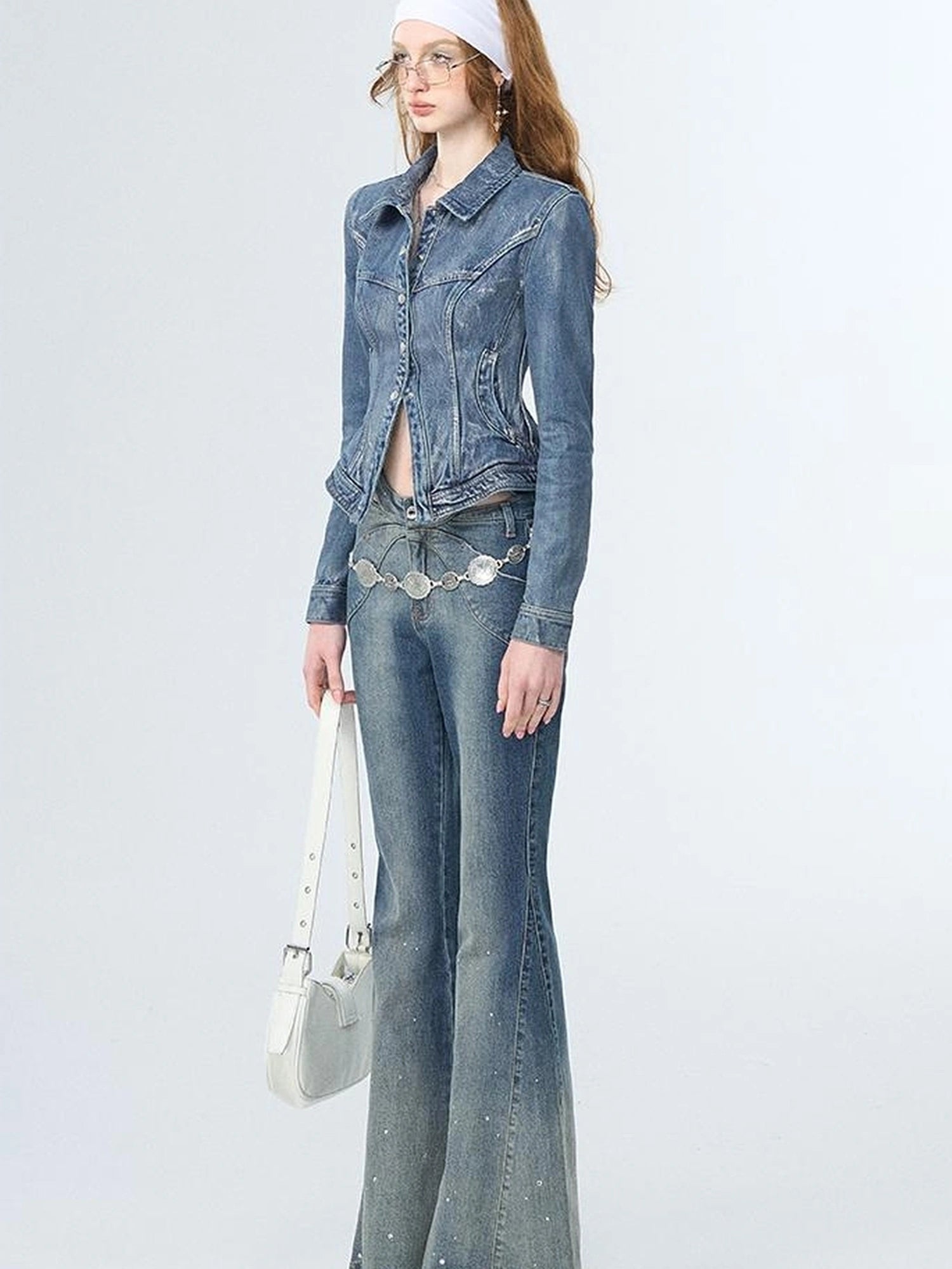 OfAkiva Sculptural Bustier Denim Shirt With Silver Studs