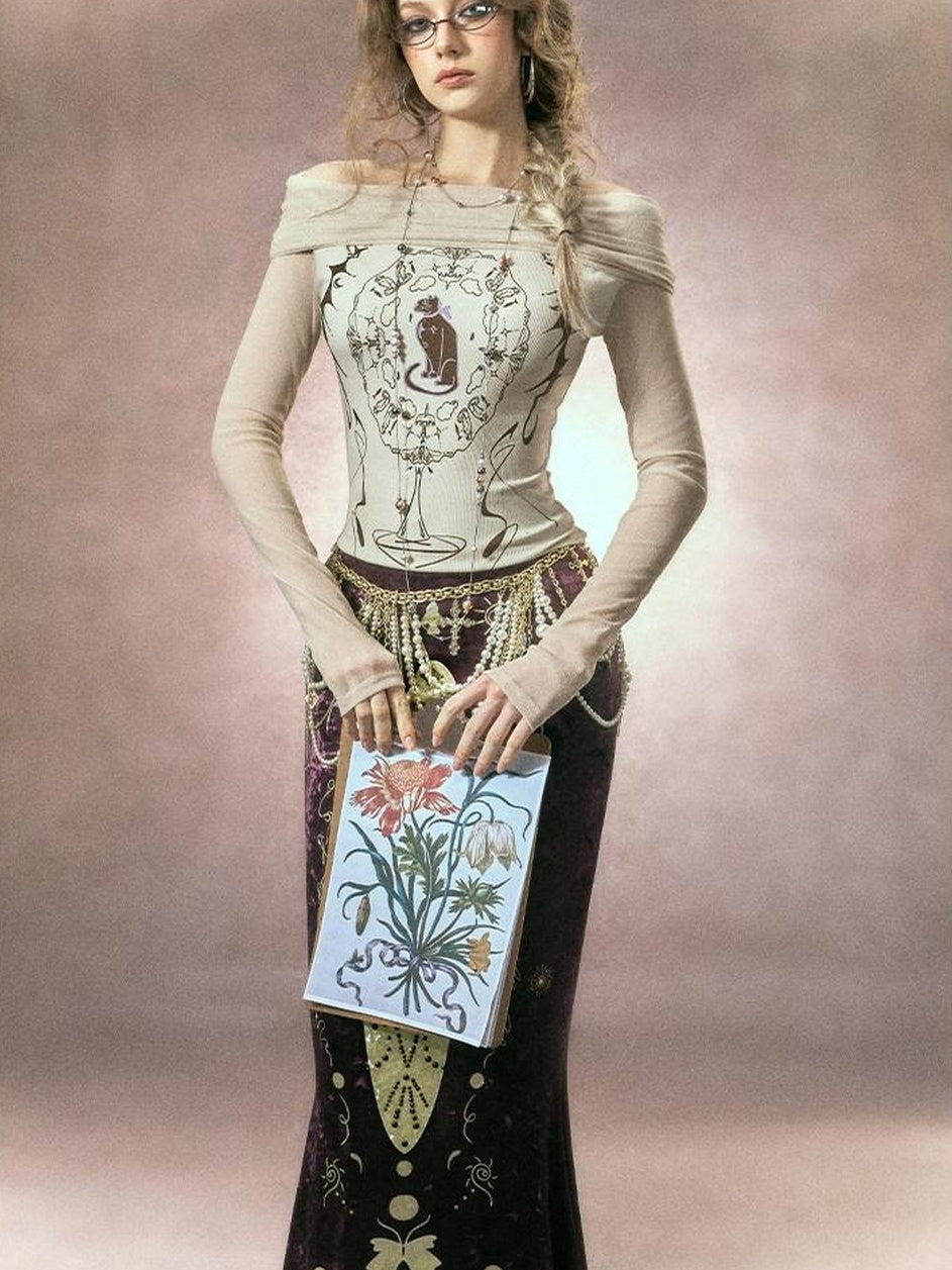 OfAkiva Sexy Sequin Slim Fit Bardot Neckline Long Sleeve Breathable Women Black T-Shirt