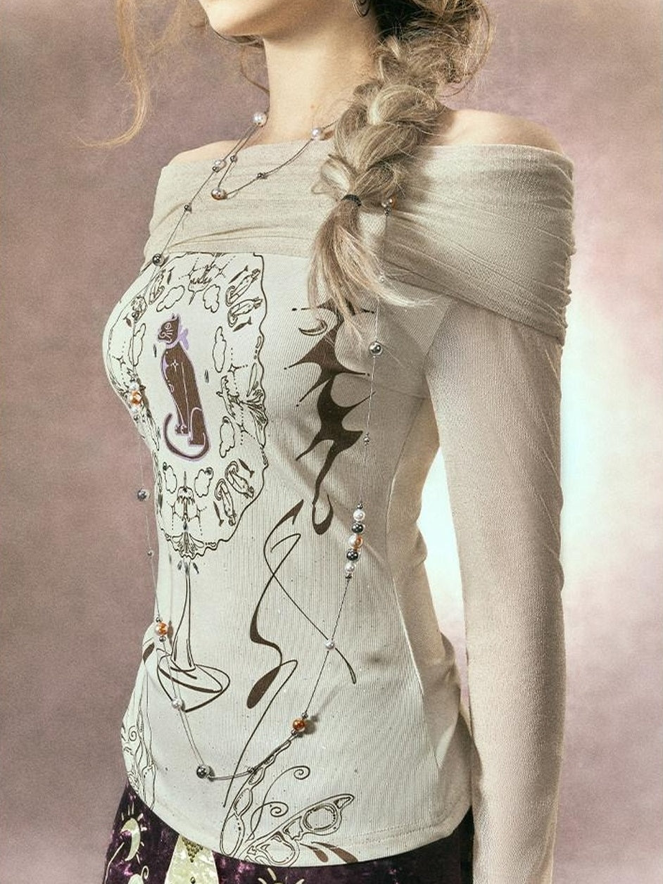 OfAkiva Sexy Sequin Slim Fit Bardot Neckline Long Sleeve Breathable Women Black T-Shirt