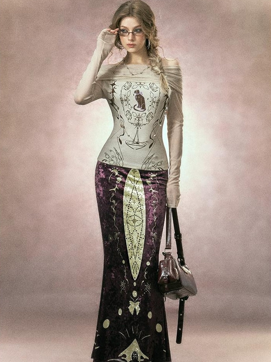 OfAkiva Sexy Sequin Slim Fit Bardot Neckline Long Sleeve Breathable Women Black T-Shirt