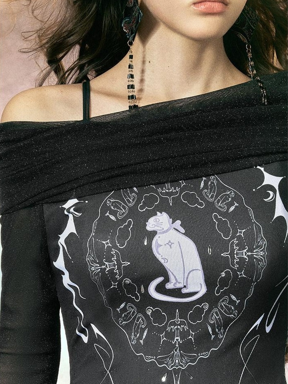 OfAkiva Sexy Sequin Slim Fit Bardot Neckline Long Sleeve Breathable Women Black T-Shirt