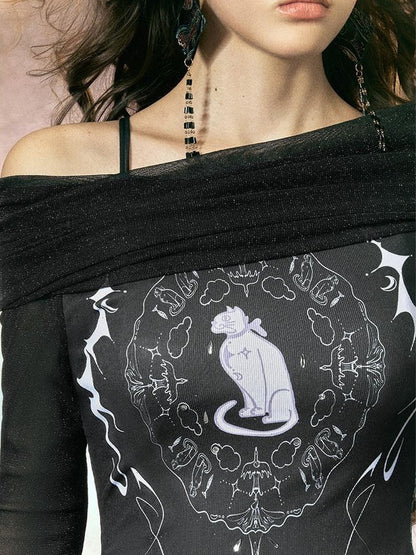 OfAkiva Sexy Sequin Slim Fit Bardot Neckline Long Sleeve Breathable Women Black T-Shirt