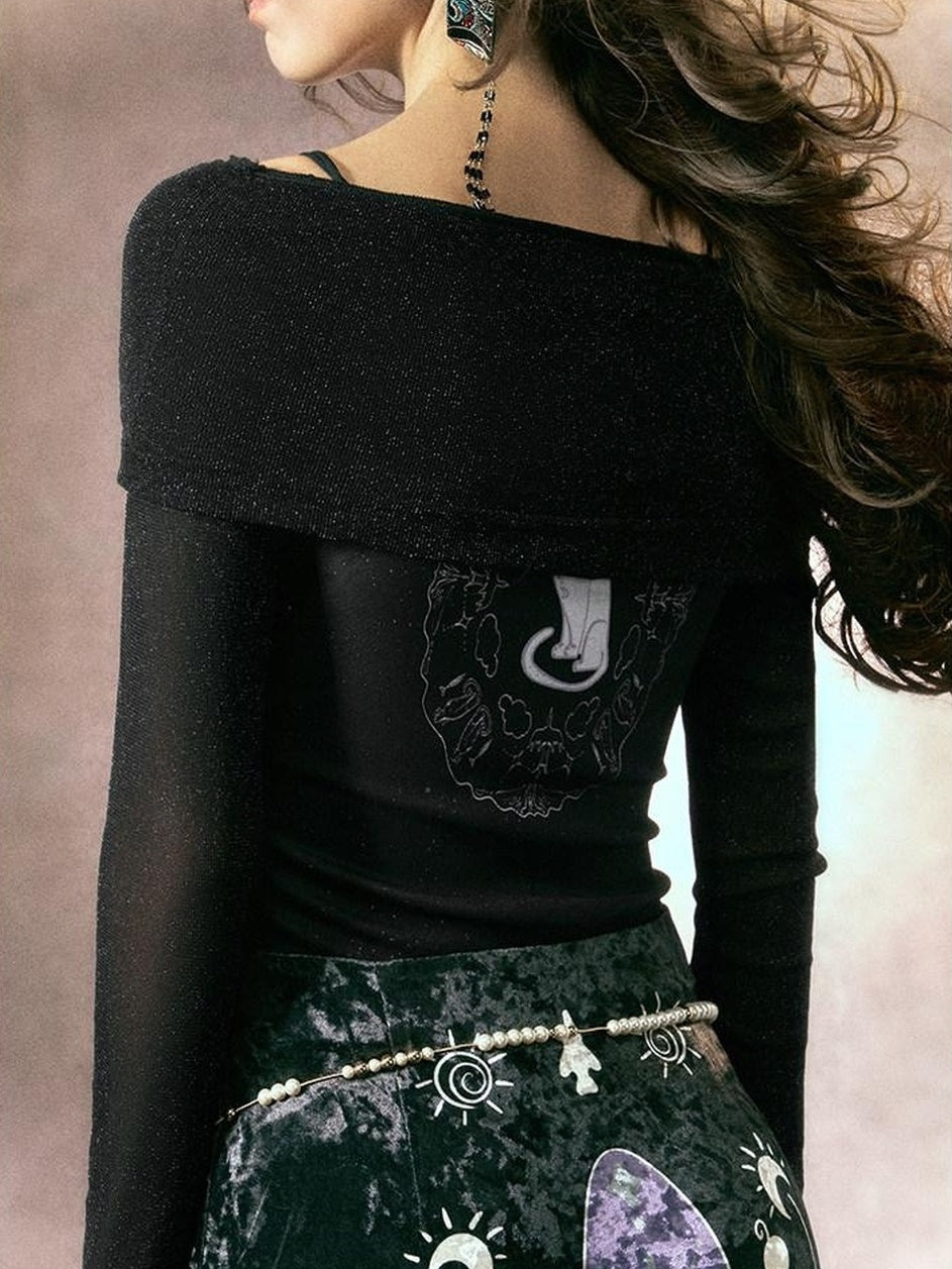 OfAkiva Sexy Sequin Slim Fit Bardot Neckline Long Sleeve Breathable Women Black T-Shirt