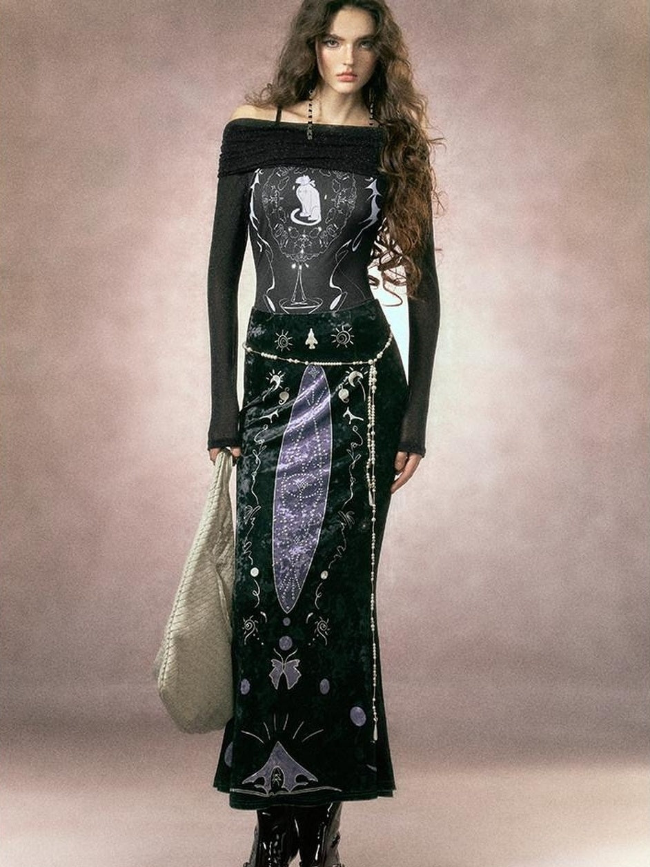 OfAkiva Sexy Sequin Slim Fit Bardot Neckline Long Sleeve Breathable Women Black T-Shirt