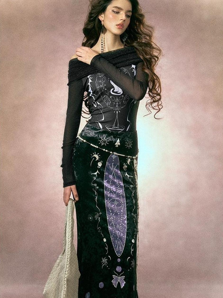 OfAkiva Sexy Sequin Slim Fit Bardot Neckline Long Sleeve Breathable Women Black T-Shirt