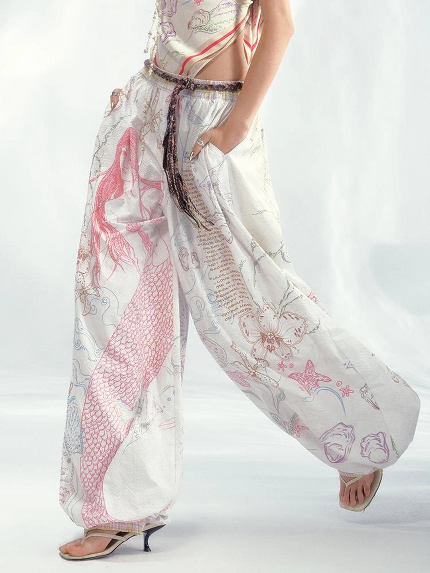 OfAkiva Siren Code Mermaid Print Airy Lantern Pants