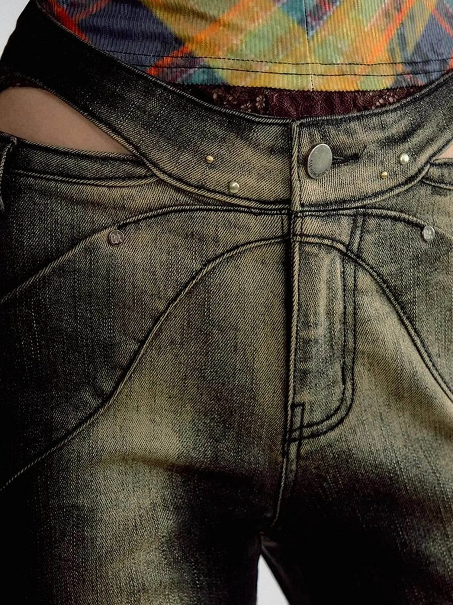 OfAkiva Skeleton Embroidered Washed Jeans With Studs