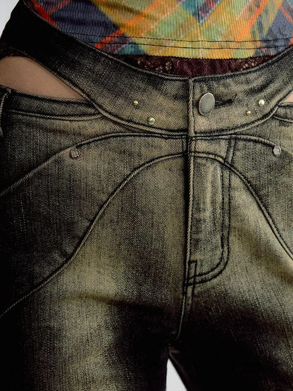 OfAkiva Skeleton Embroidered Washed Jeans With Studs