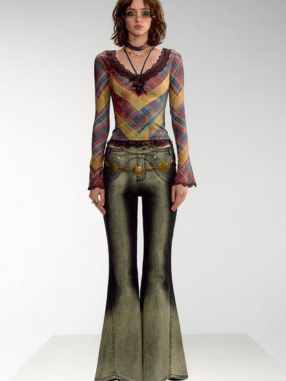 OfAkiva Skeleton Embroidered Washed Jeans With Studs