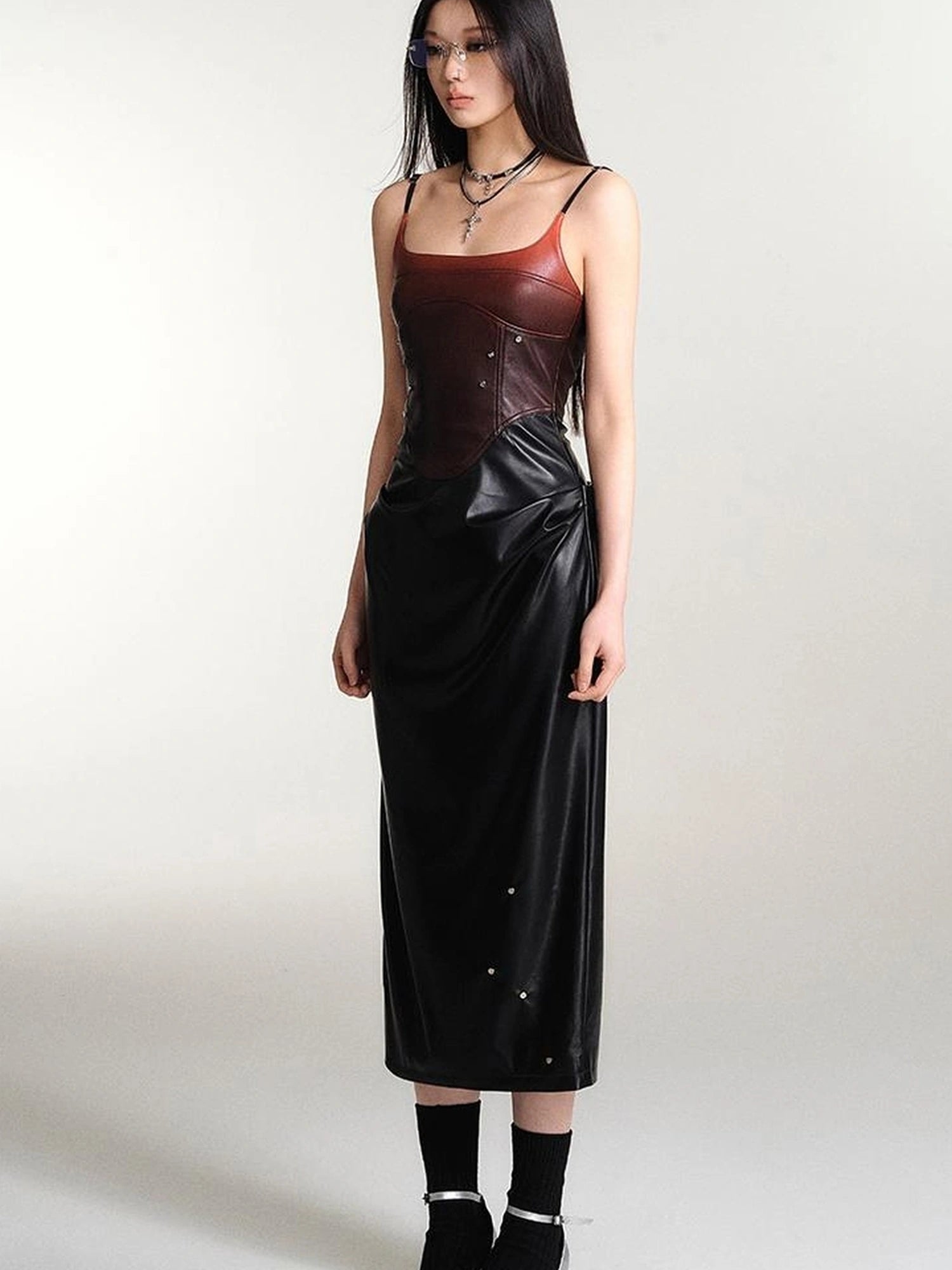 OfAkiva Smoked Gradient Leather Look Slip Dress