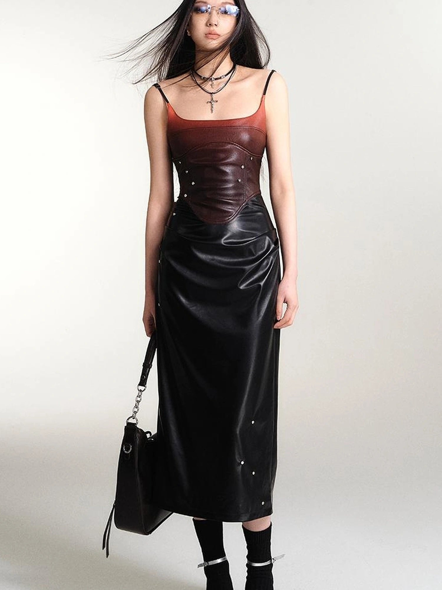 OfAkiva Smoked Gradient Leather Look Slip Dress