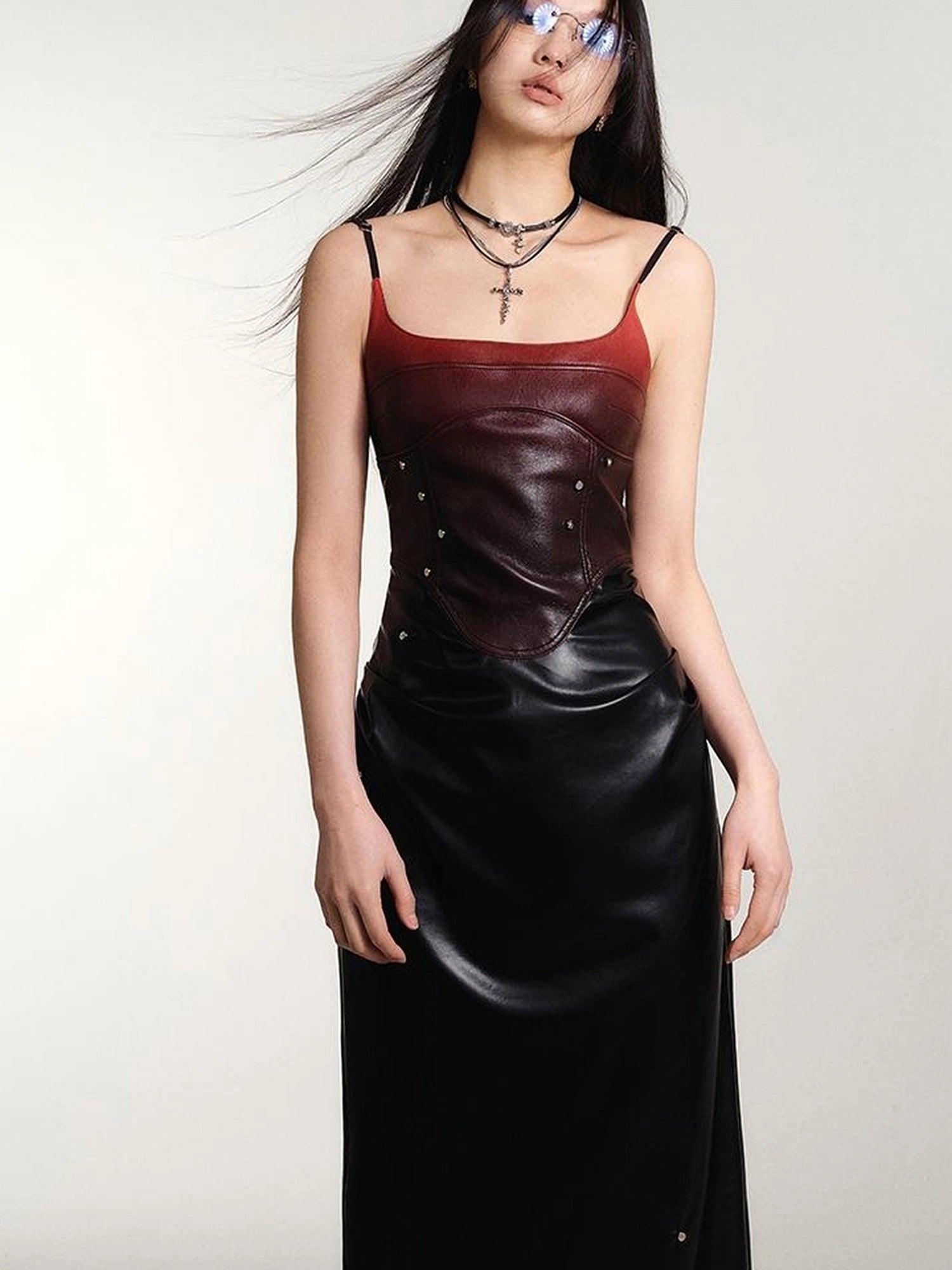 OfAkiva Smoked Gradient Leather Look Slip Dress