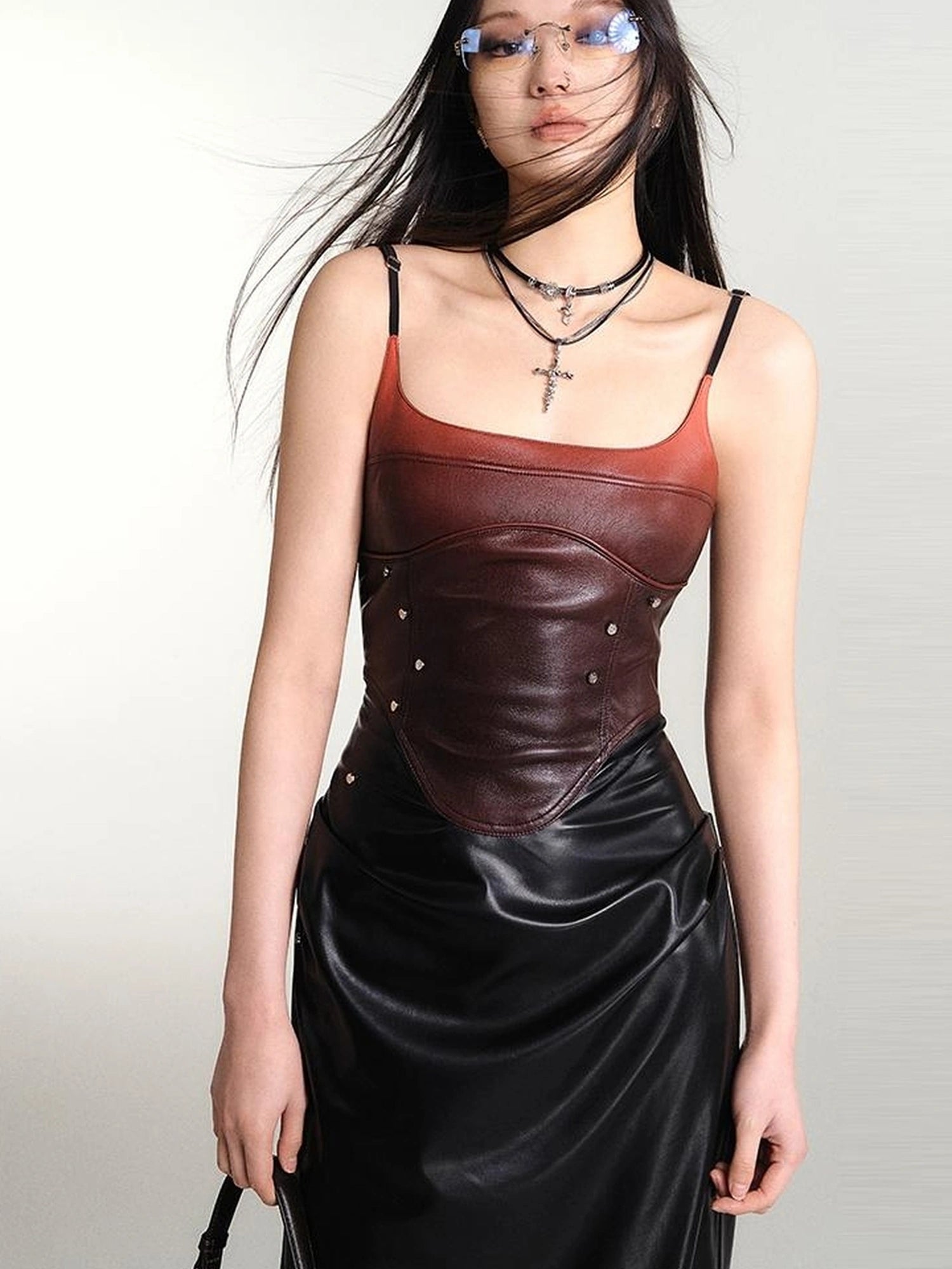 OfAkiva Smoked Gradient Leather Look Slip Dress