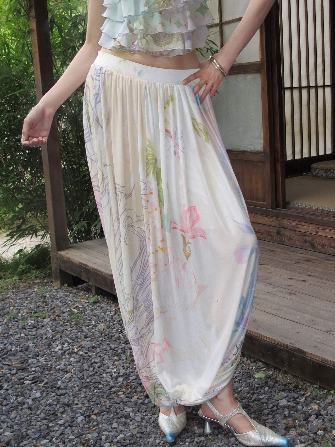 OfAkiva Soft Print Knotted Mesh High Waist Women&