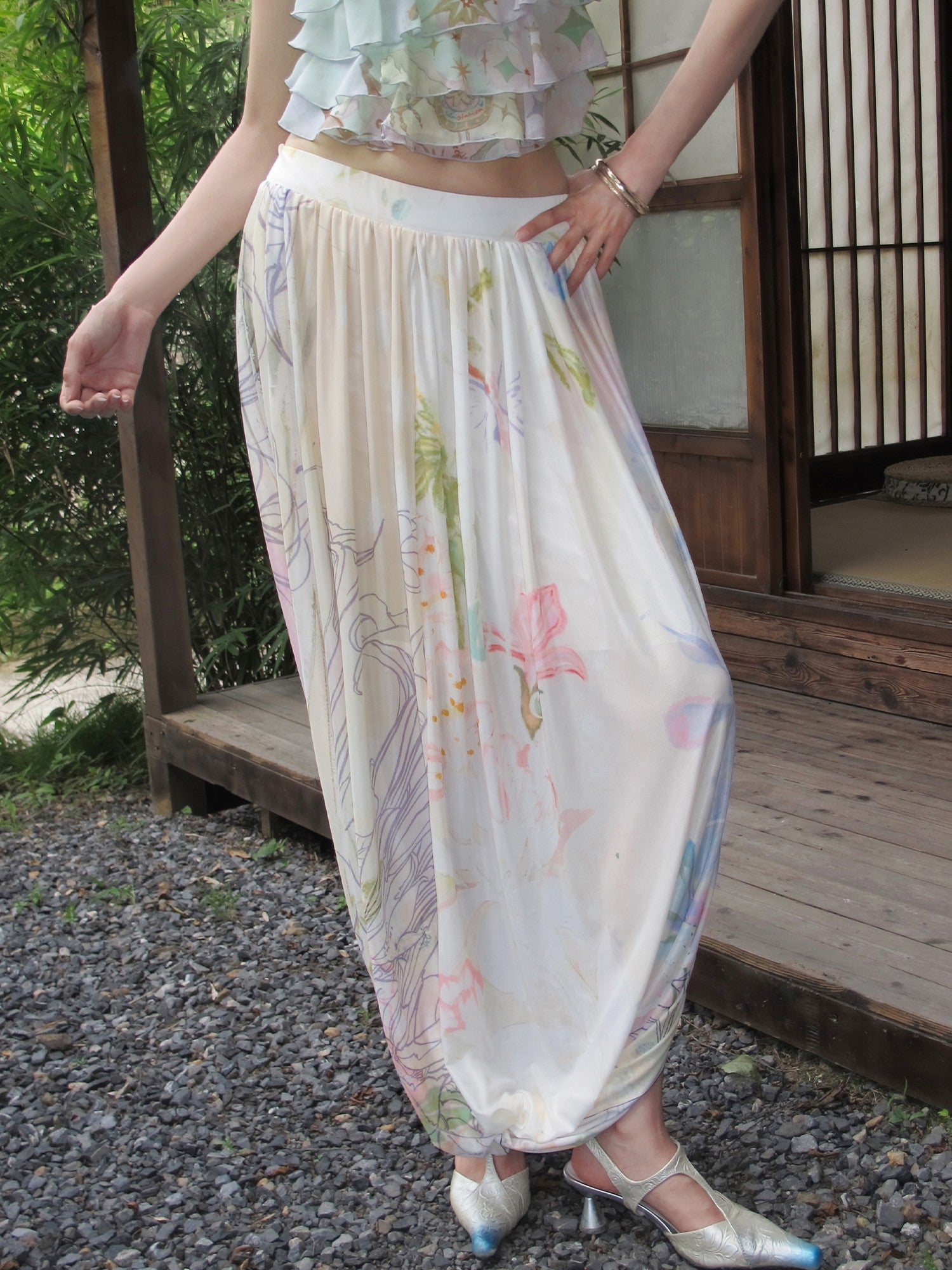 OfAkiva Soft Print Knotted Mesh High Waist Women&