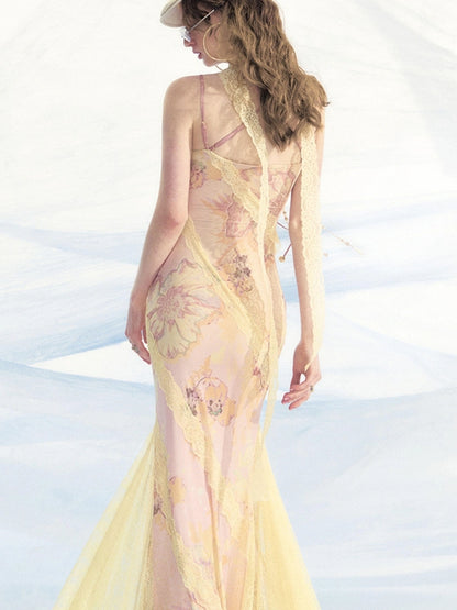 OfAkiva Sonnet Floral Print Halter Neck Lace Dress