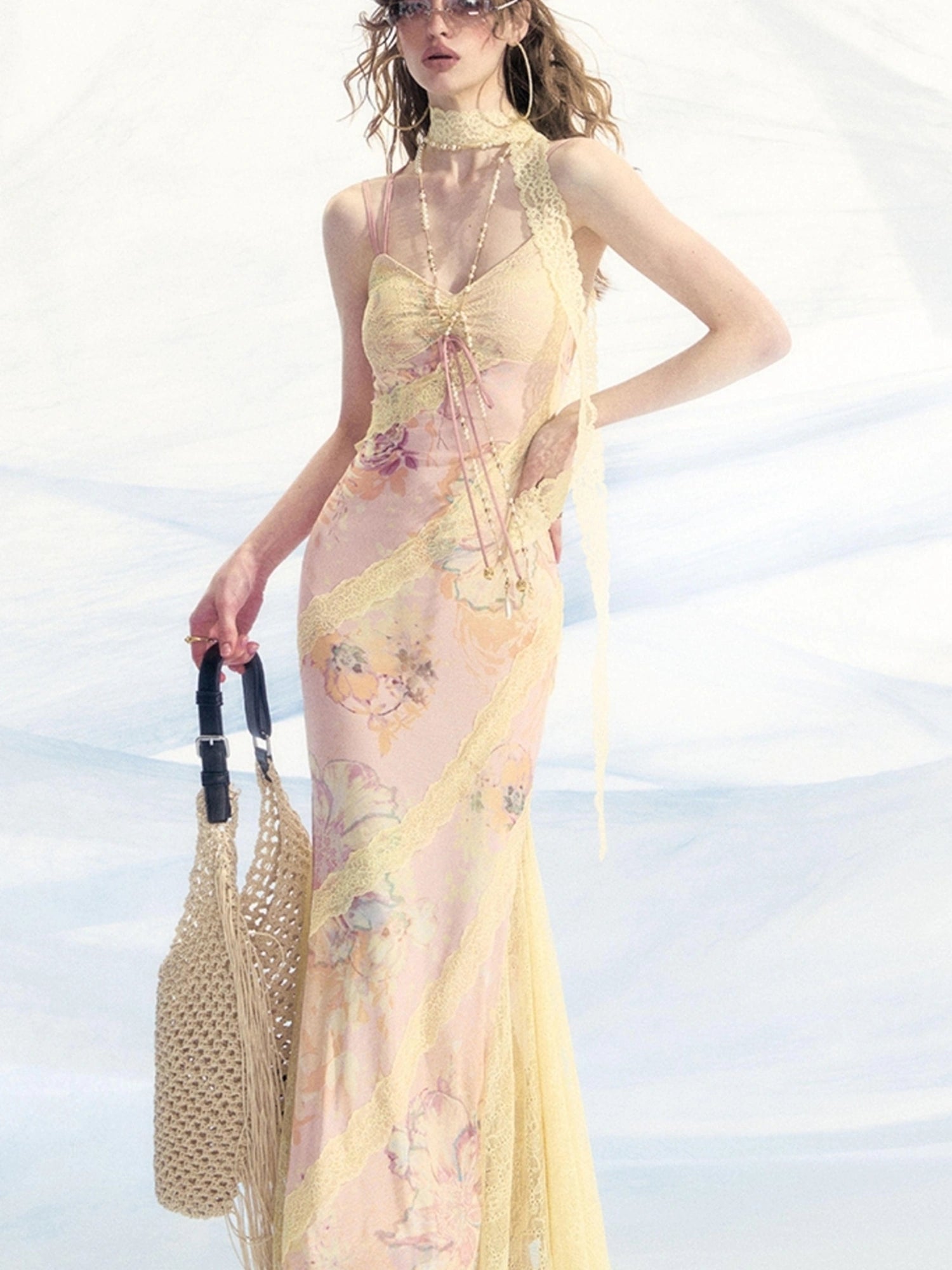 OfAkiva Sonnet Floral Print Halter Neck Lace Dress