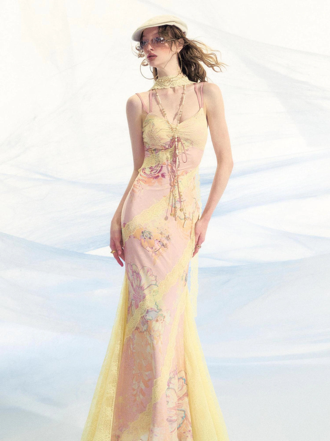 OfAkiva Sonnet Floral Print Halter Neck Lace Dress