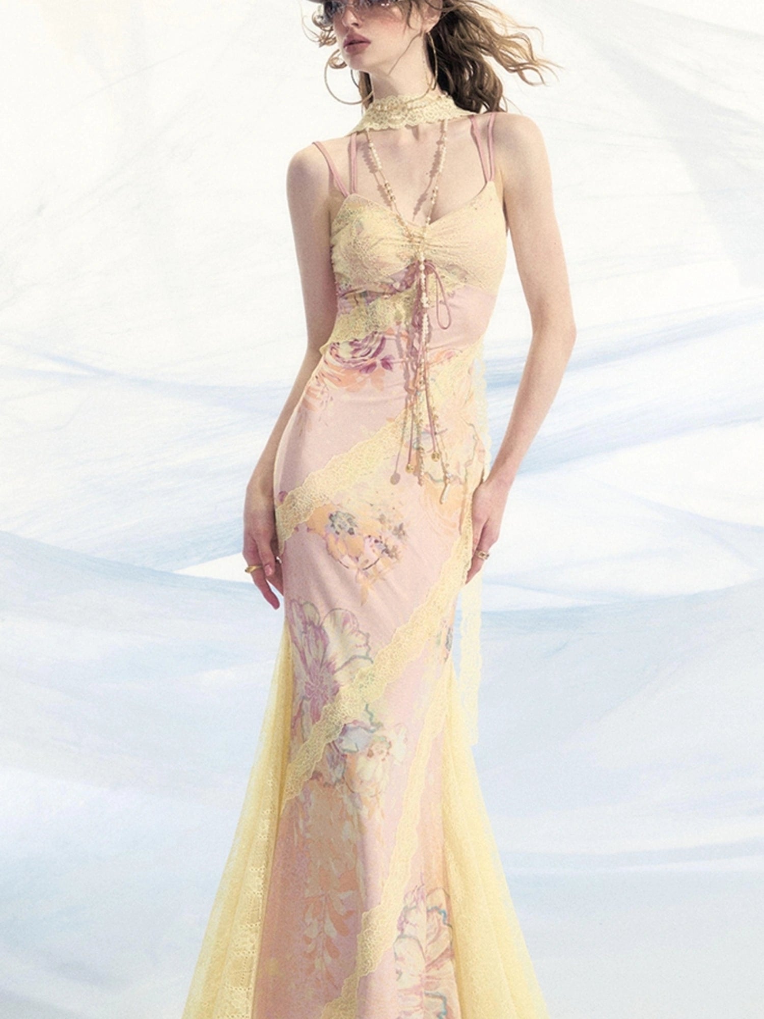 OfAkiva Sonnet Floral Print Halter Neck Lace Dress