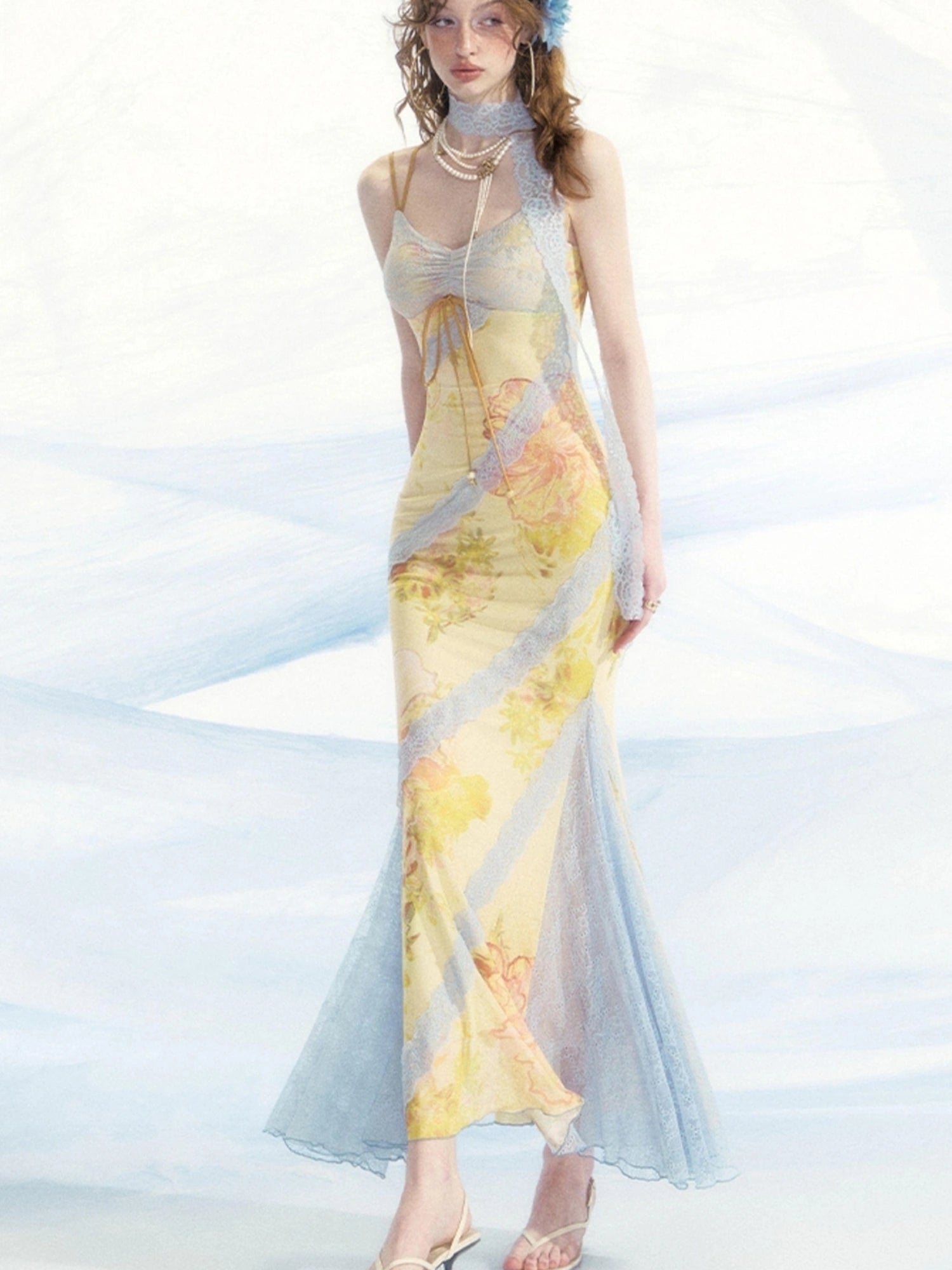 OfAkiva Sonnet Floral Print Halter Neck Lace Dress