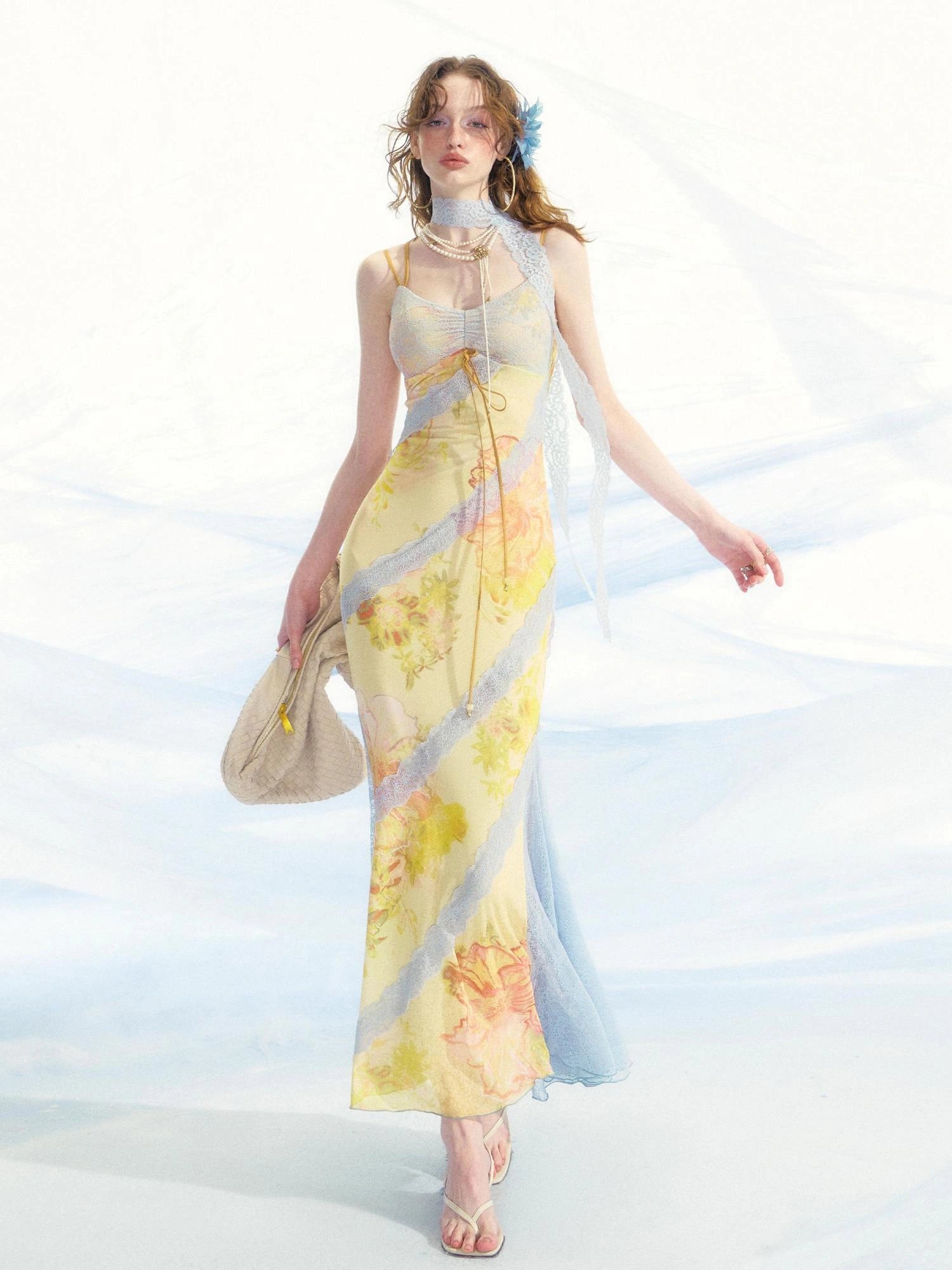 OfAkiva Sonnet Floral Print Halter Neck Lace Dress