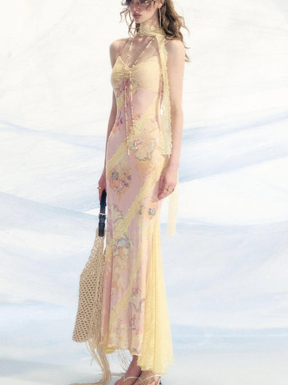 OfAkiva Sonnet Floral Print Halter Neck Lace Dress