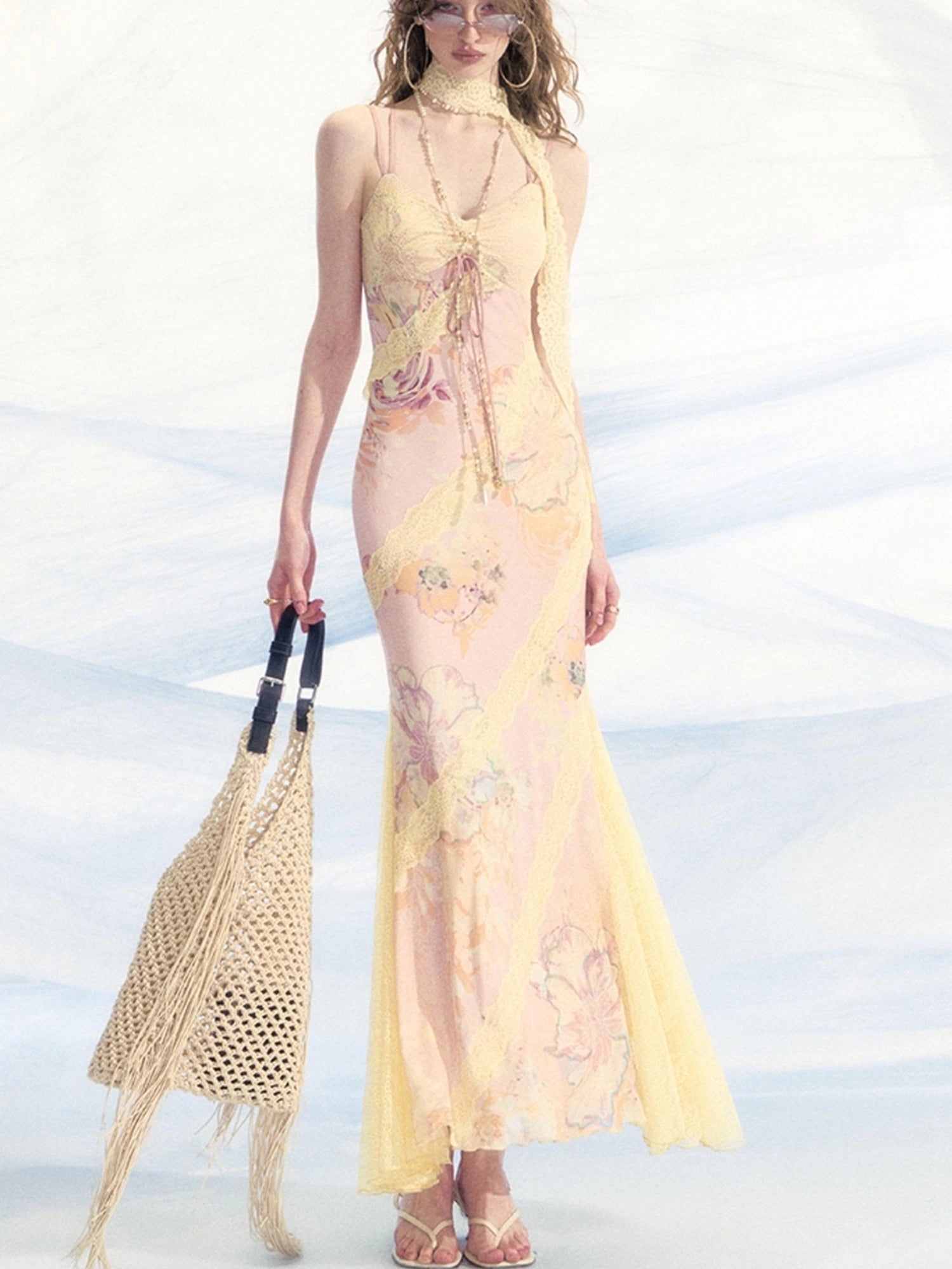 OfAkiva Sonnet Floral Print Halter Neck Lace Dress